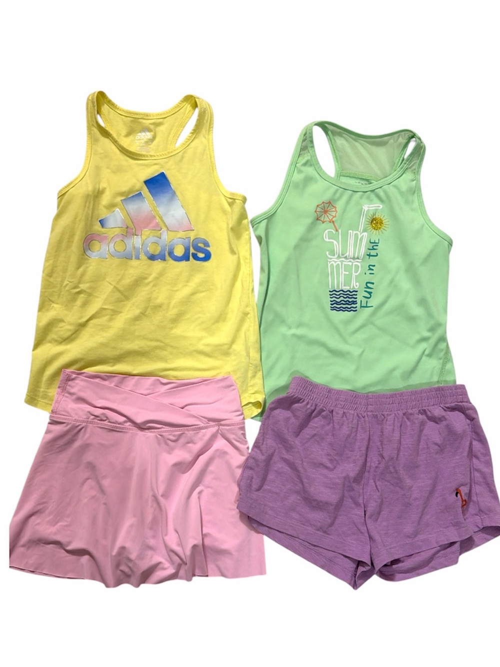 NWOT Adidas tank & pink tennis skirt, purple Hanna Anderson shorts 8